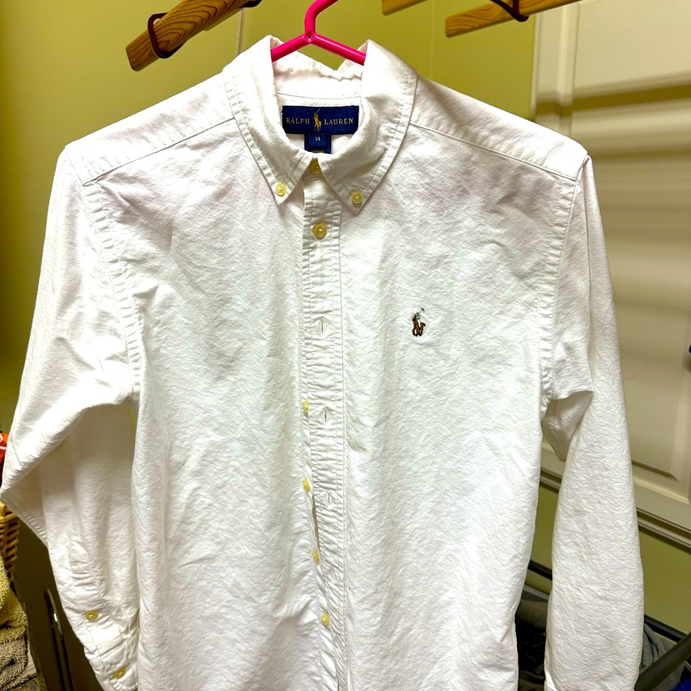 Boys size 14 white polo long sleeve button down collar Ralph Lauren